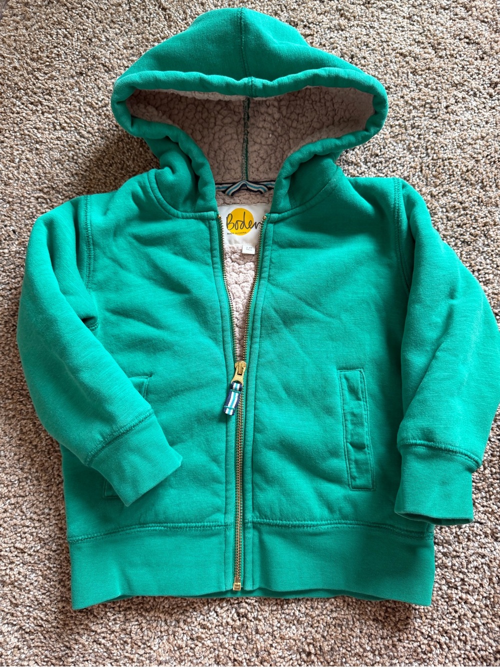 MINI BODEN Kelly Green Sherpa Lined Full-Zip Hooded Sweatshirt - Picture 1 of 6